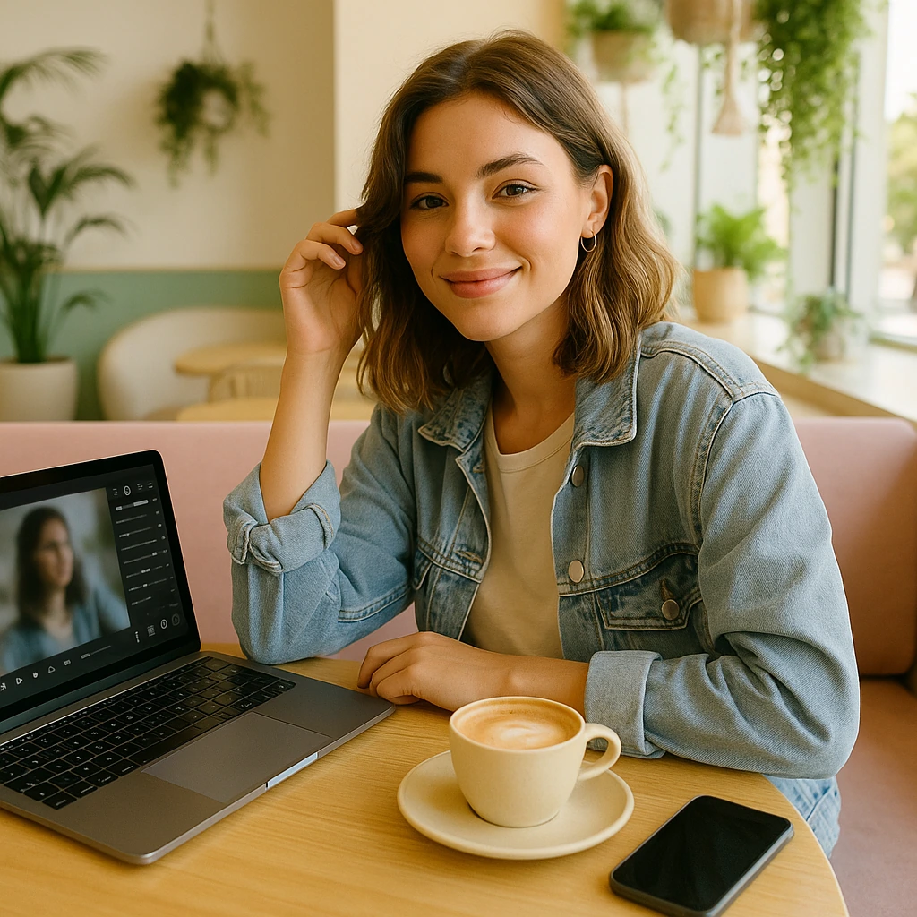 A creator working on a portrait at a sunlit café